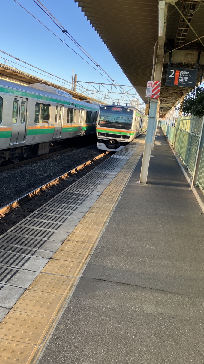 鉄道乗車記録の写真:乗車した列車(外観)(3)        「乗車した列車が2番線に入ってきた時の様子。
なお、対向列車は16:21発の上野東京ライン経由平塚行き(1895E)と思われる。」