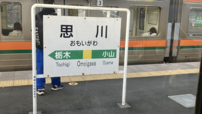 鉄道乗車記録の写真:駅名看板(1)        「思川駅の駅名標。
なお、奥に見える列車は16:51発普通小山行き(453M)である。」