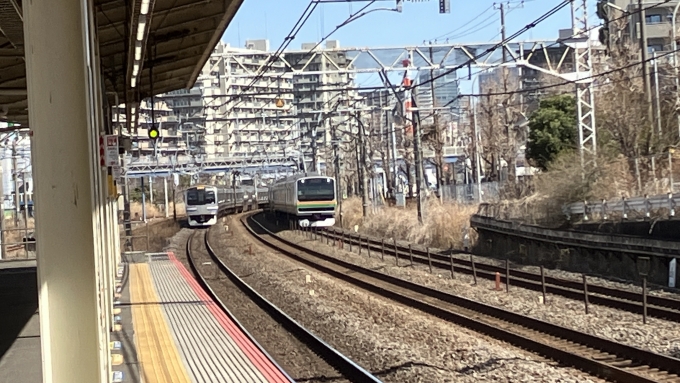 鉄道乗車記録の写真(5)        「保土ケ谷駅に電車が接近していたが、駅の手前で停車した。隣の東海道本線の列車(普通熱海行き1549Eと思われる)も停車していた。」