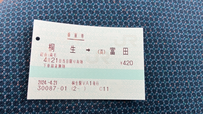 鉄道乗車記録の写真:きっぷ(2)     「今回使用した乗車券。
なお、この写真はわたらせ渓谷線の下新田駅付近で撮影した。」