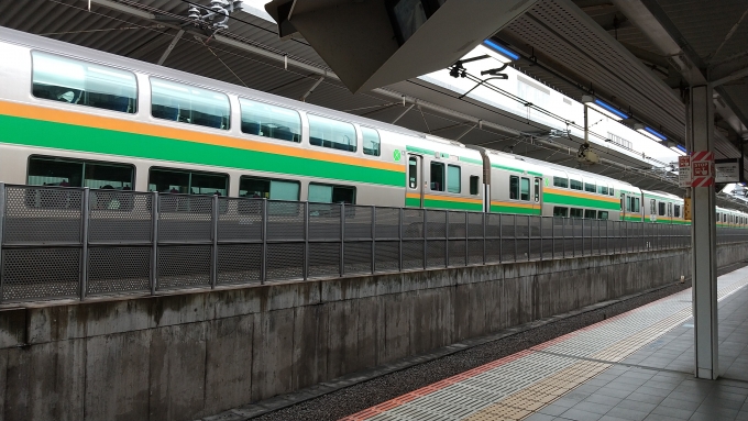 鉄道乗車記録の写真:列車・車両の様子(未乗車)(4)        「浦和駅に停車する湘南新宿ライン経由快速平塚行きの列車。この列車が先に浦和駅に停車した。」
