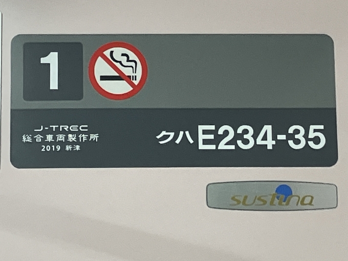 鉄道乗車記録の写真:車両銘板(1)        「クハE234-35の車両銘板
sustinaのロゴ付き」