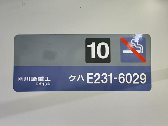 鉄道乗車記録の写真:車両銘板(1)        「クハ E231-6029の車両銘板
平成13川崎重工」