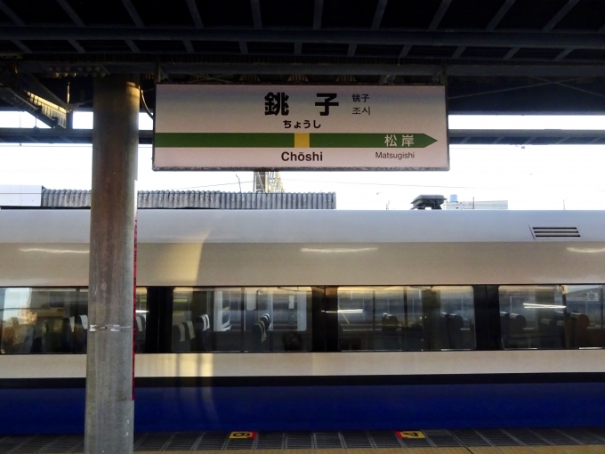 鉄道乗車記録の写真:駅名看板(3)        「銚子 の駅名標
255系×駅名標」