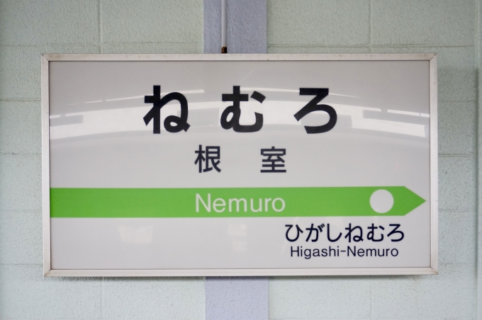 鉄道乗車記録の写真:駅名看板(4)        「根室 の駅名標
有人駅の中では日本最東端」