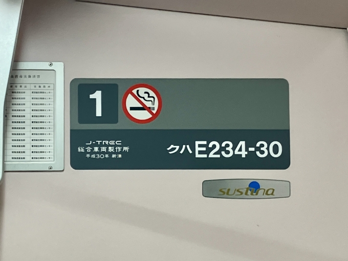 鉄道乗車記録の写真:車両銘板(2)        「クハE234-30 1号車 の車両銘板
平成30J-TREC総合製作所新津」
