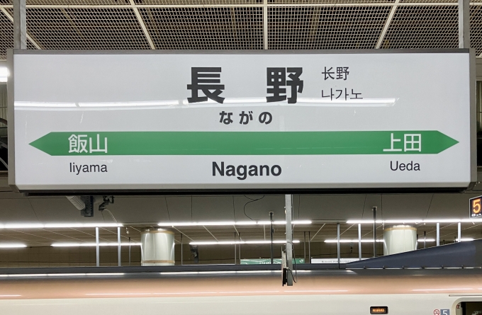 鉄道乗車記録の写真:駅名看板(5)        「長野 の駅名標
新幹線用なので路線カラーがない」