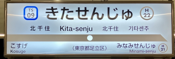 鉄道乗車記録の写真:駅名看板(3)        「北千住 の駅名標
東武のナンバリングも入っている」