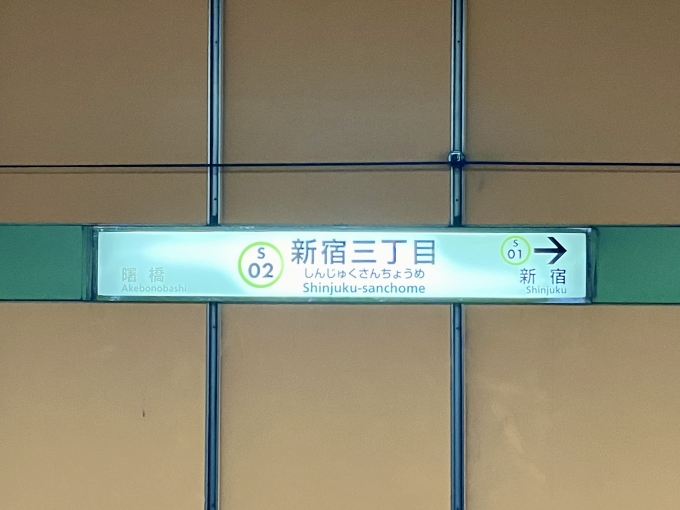 鉄道乗車記録の写真:駅名看板(3)        「新宿三丁目 の駅名標」