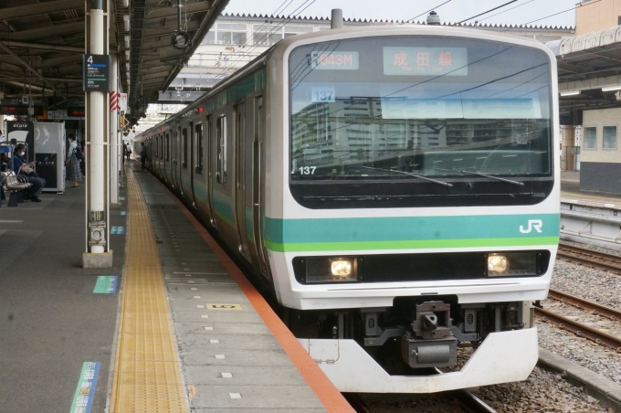 鉄道乗車記録の写真:乗車した列車(外観)(1)        「137(クハE231-75) の前面
843M 成田線 の幕」
