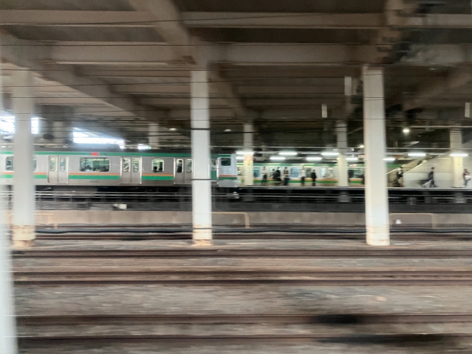 鉄道乗車記録の写真:車窓・風景(4)        「さいたま新都心駅を発車する上野東京ラインの列車。
湘南新宿ラインの線路からのアングルになっている。」